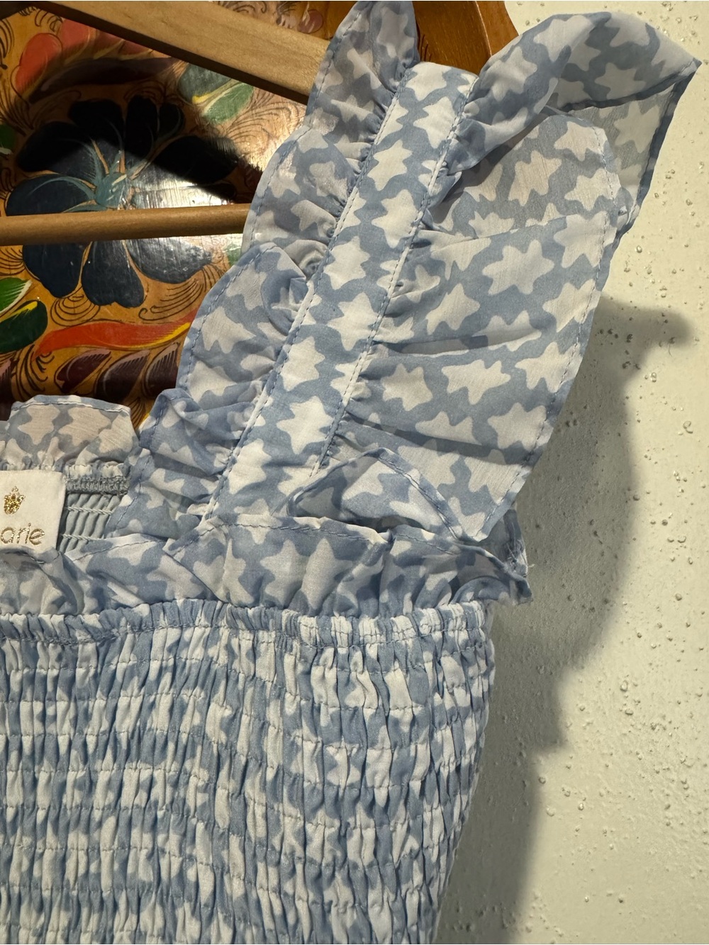 J. Marie Smocked Ruffle Sleeve Top in Light Blue and White Size Small - Picture 5 of 8